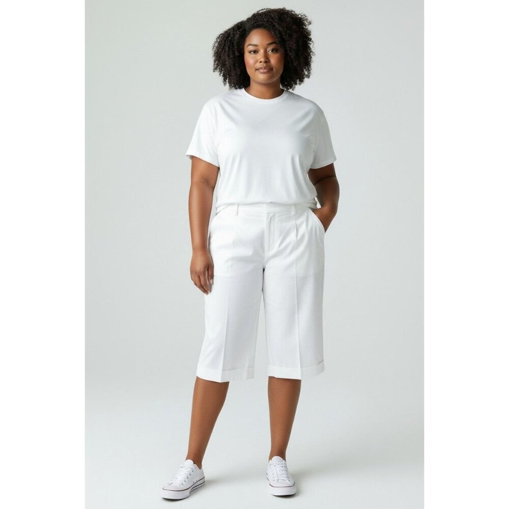 Larry Levine White Capri Pants Womens 20 Stretch Eyelet Cuff Pockets NEW